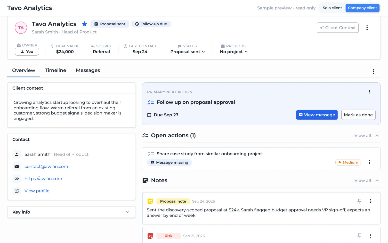 AwiFin client view showing notes, promises, approvals and the current next action