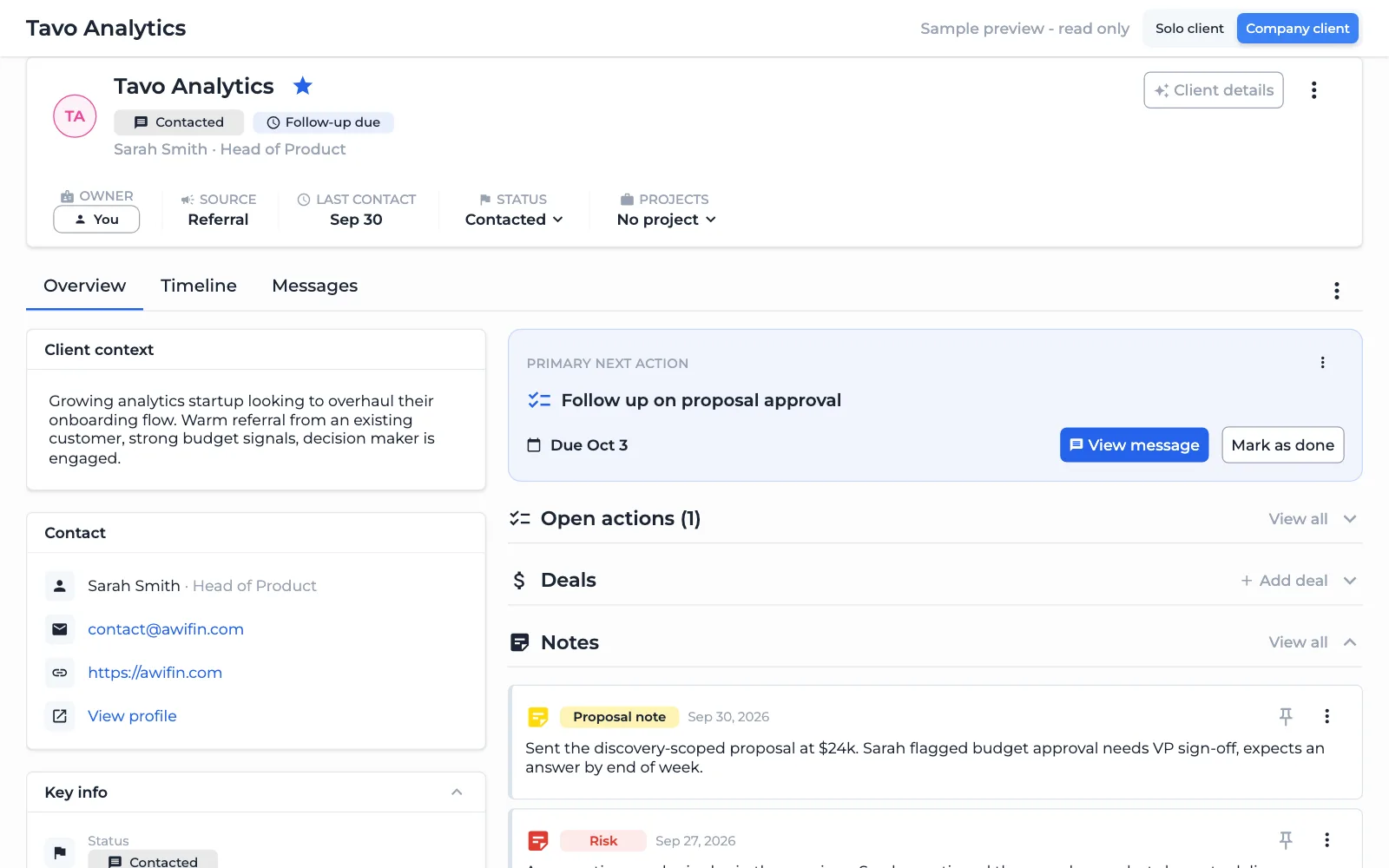 AwiFin client view showing notes, promises, approvals and the current next action
