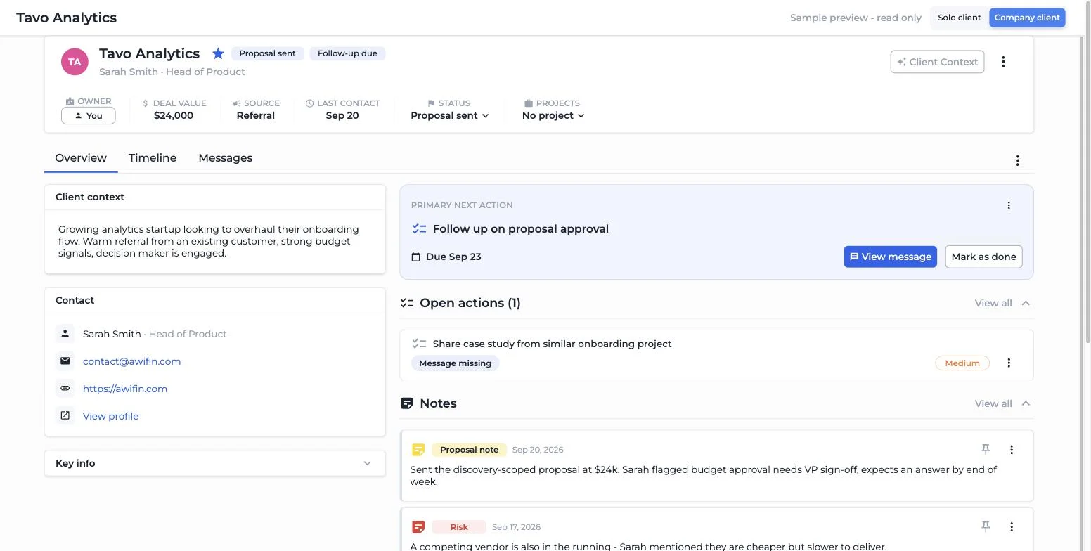Client detail with follow-up due
