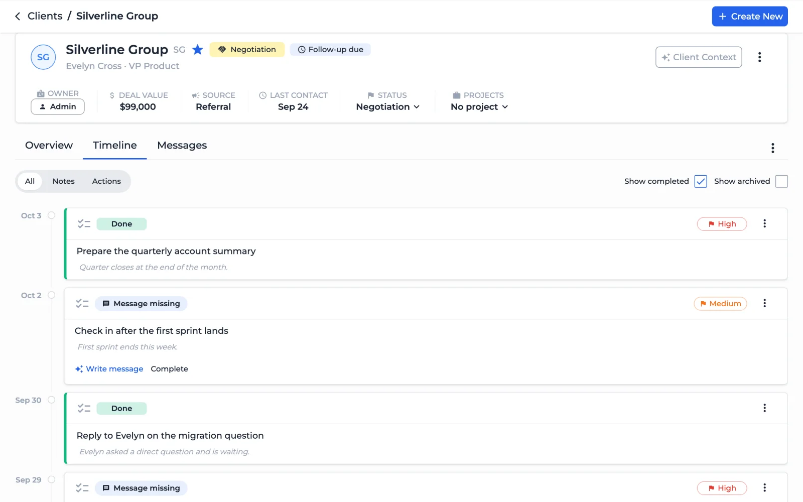 AwiFin client timeline showing actions, notes and decisions in date order