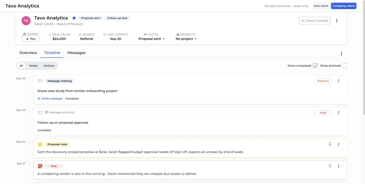 Timeline with completed follow-up and next action logged