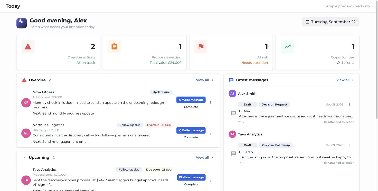 Today dashboard with overdue and due-soon clients